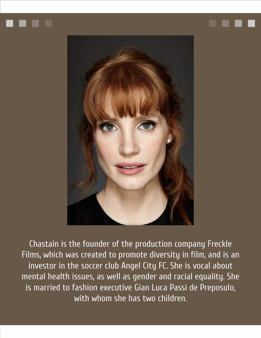 Biography template: Jessica Chastain Biography (Created by Visual Paradigm Online's Biography maker)