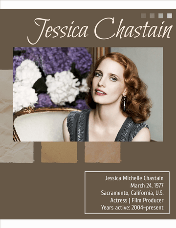 Biography 模板。Jessica Chastain Biography (由 Visual Paradigm Online 的Biography软件制作)