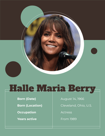 Biography 模板。 Halle Maria Berry Biography (由 Visual Paradigm Online 的Biography軟件製作)
