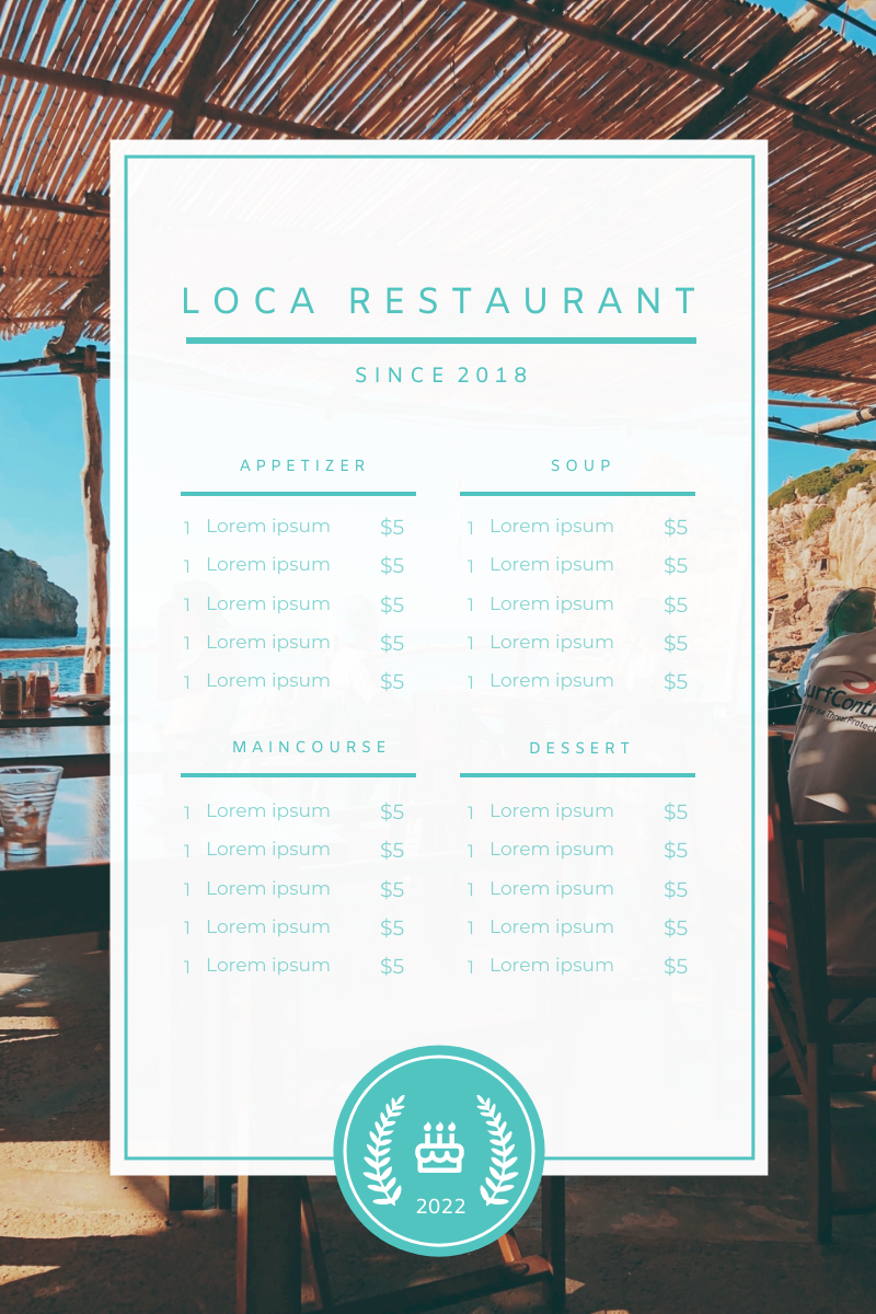 Menu template: Blue And White Photo Seaside Restaurant Menu  (Created by Visual Paradigm Online's Menu maker)