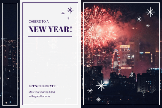 Editable greetingcards template:Purple Firework Background New Year Greeting Card