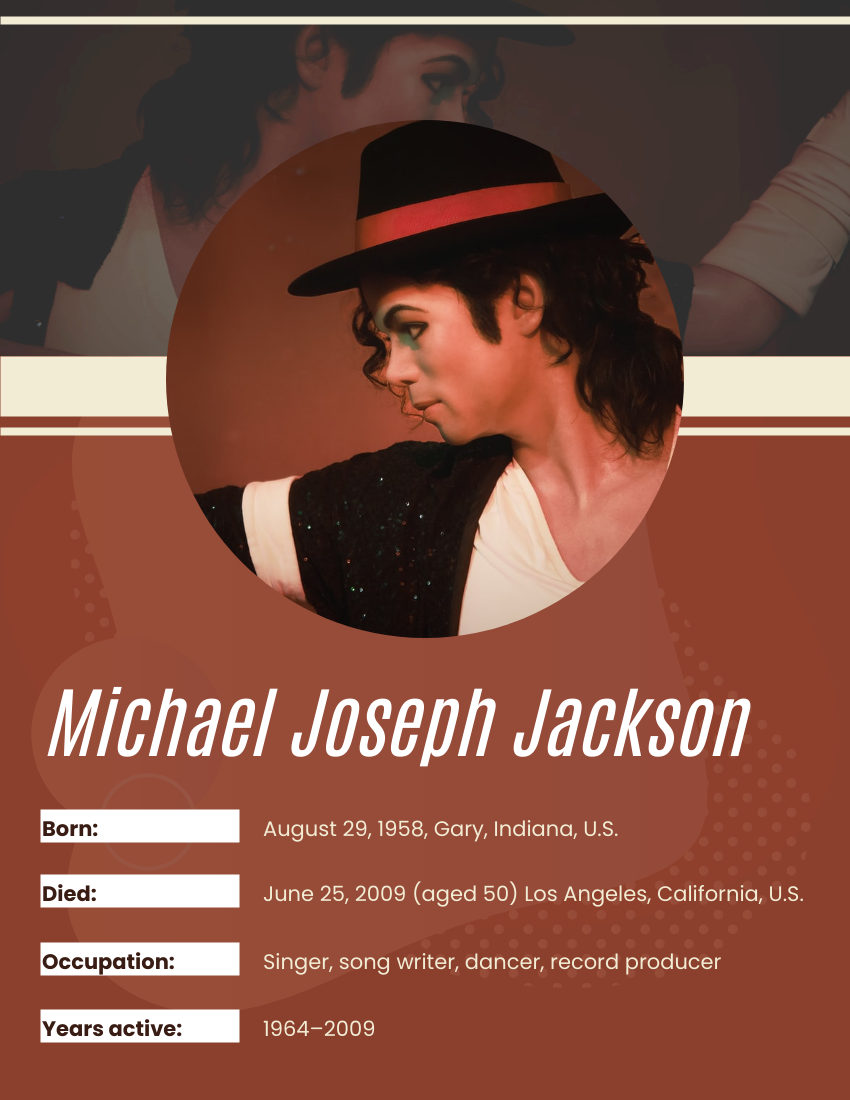 Biography template: Michael Joseph Jackson Biography (Created by Visual Paradigm Online's Biography maker)