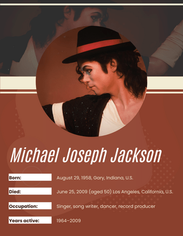 Biography 模板。 Michael Joseph Jackson Biography (由 Visual Paradigm Online 的Biography軟件製作)