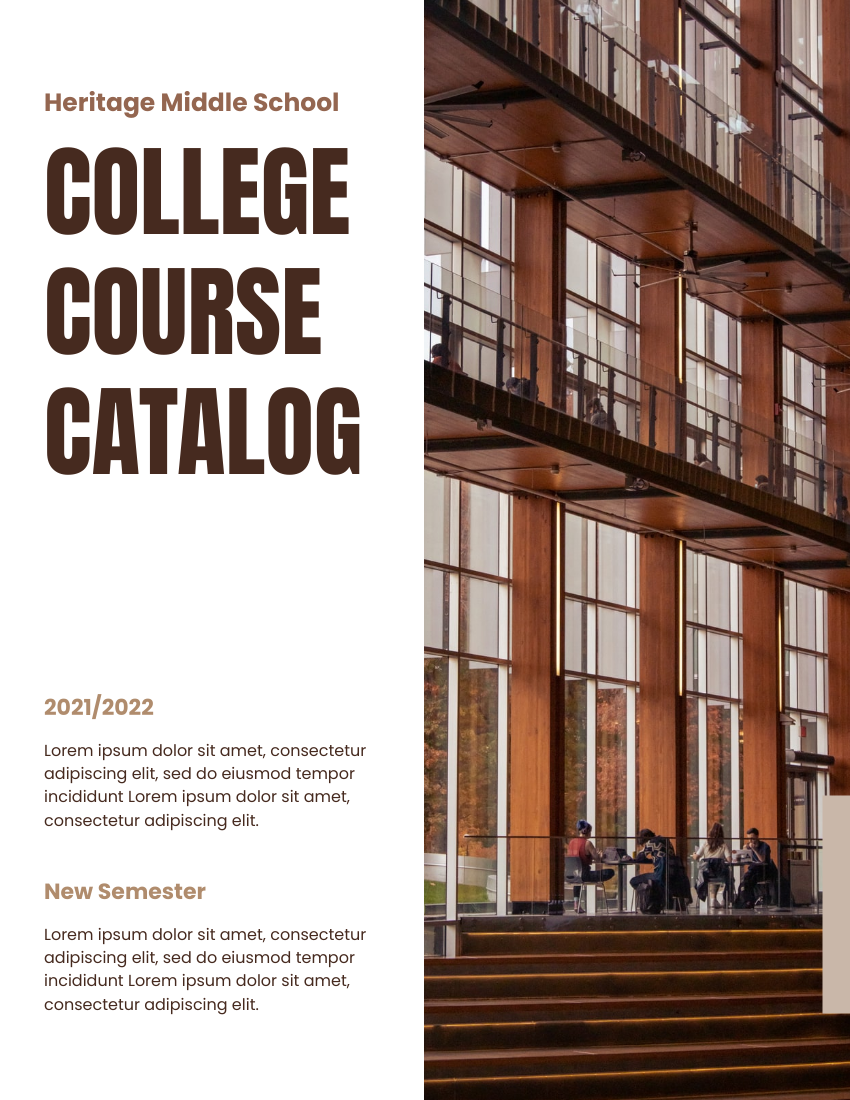 产品目录 模板。College Course Catalog (由 Visual Paradigm Online 的产品目录软件制作)