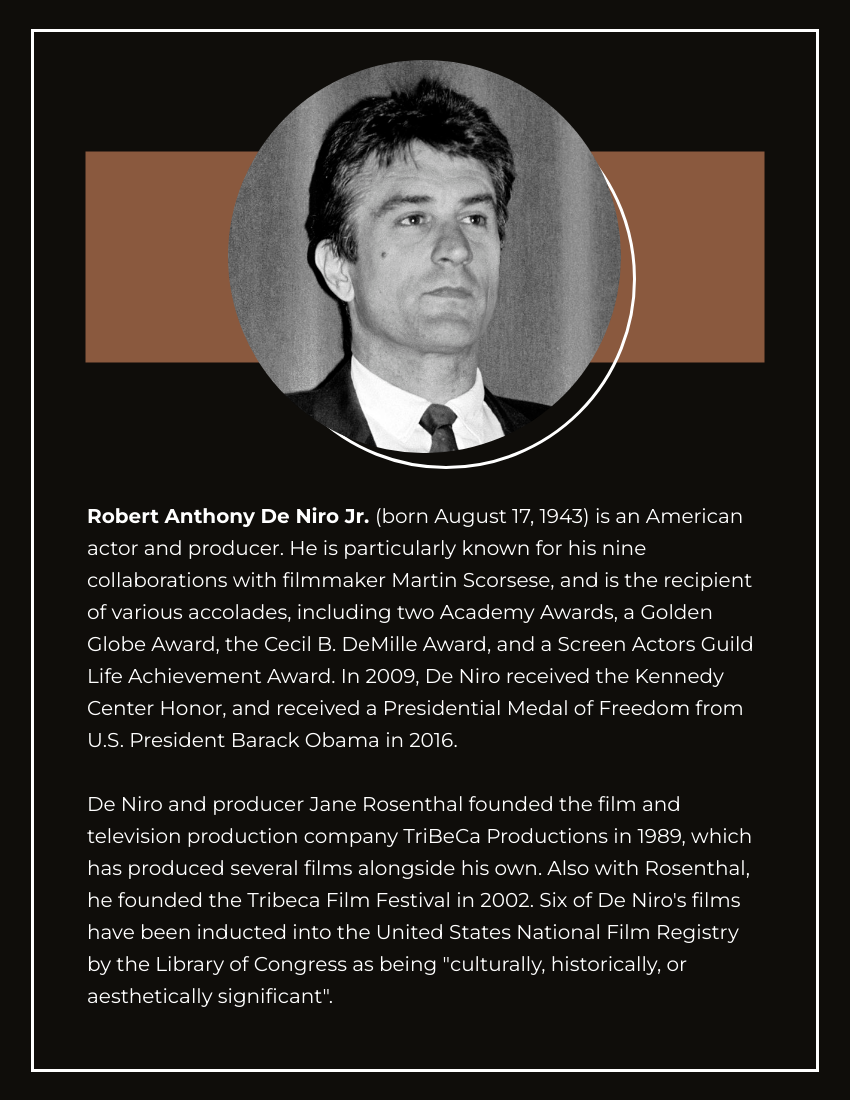 Biography 模板。 Robert De Niro Biography (由 Visual Paradigm Online 的Biography軟件製作)