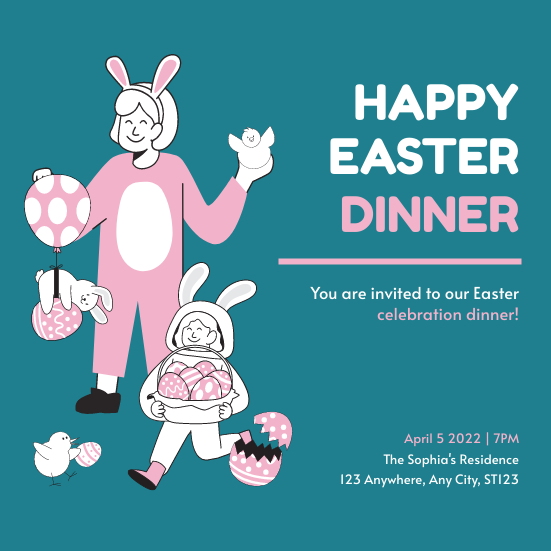Invitation template: Blue And Pink Easter Girl Illustration Easter Dinner Invitation (Created by InfoART's Invitation maker)