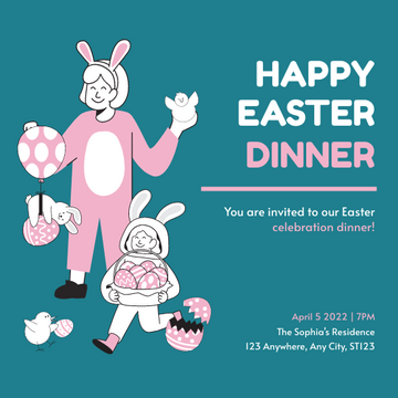 Editable invitations template:Blue And Pink Easter Girl Illustration Easter Dinner Invitation