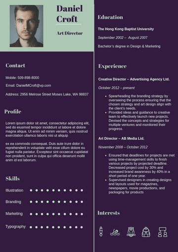 Resume template: High Contrast Theme Resume (Created by Visual Paradigm Online's Resume maker)