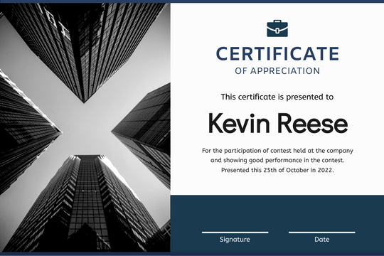 Certificate template: Dark Blue Business Certificate (Created by Visual Paradigm Online's Certificate maker)