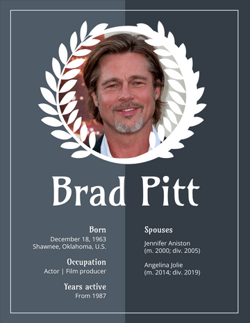 Biography 模板。 Brad Pitt Biography (由 Visual Paradigm Online 的Biography軟件製作)