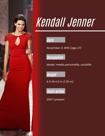 Biography 模板。 Kendall Jenner Biography (由 Visual Paradigm Online 的Biography軟件製作)