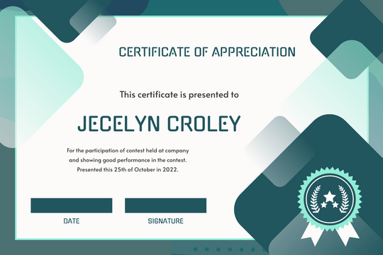 Certificates template: Green Squares Gradient Appreciation Certificate (Created by Visual Paradigm Online's Certificates maker)