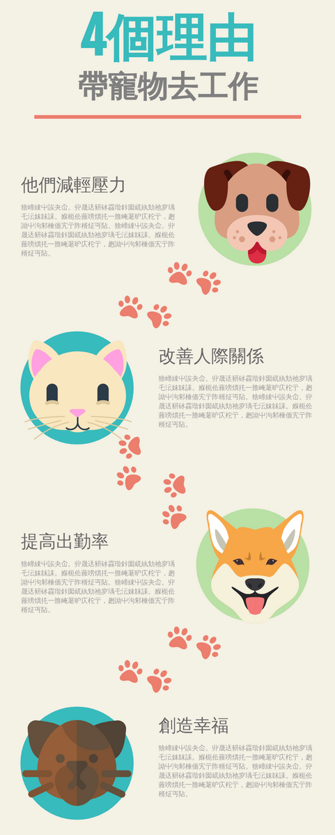 信息圖表 模板。 帶寵物去工作的4個理由 (由 Visual Paradigm Online 的信息圖表軟件製作)