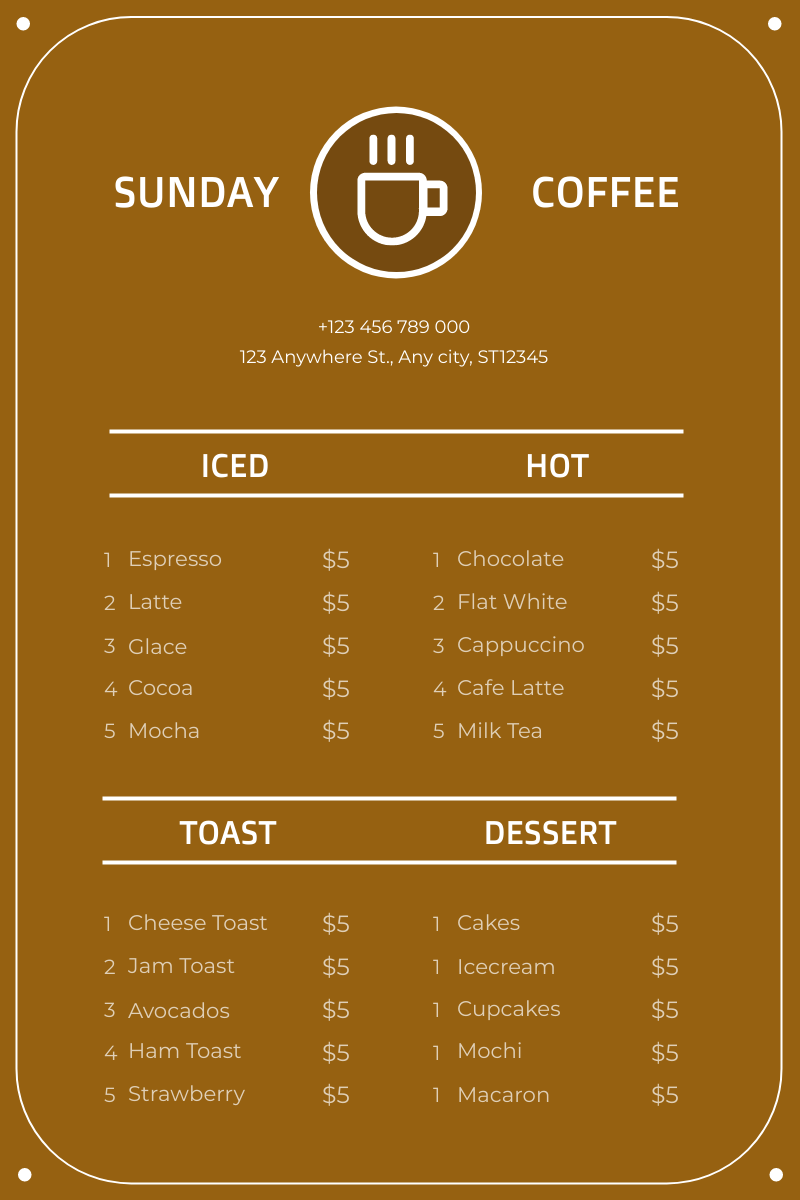Menu template: Brown Minimal Simple Cafe Menu (Created by InfoART's Menu maker)