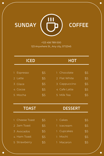 Menu template: Brown Minimal Simple Cafe Menu (Created by Visual Paradigm Online's Menu maker)