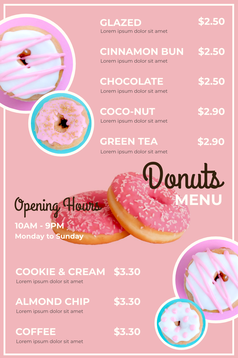 Menu template: Donuts Menu (Created by InfoART's Menu maker)