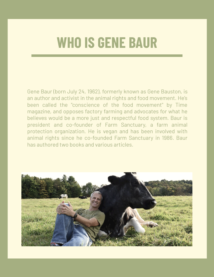 Biography template: Gene Baur Biography (Created by Visual Paradigm Online's Biography maker)