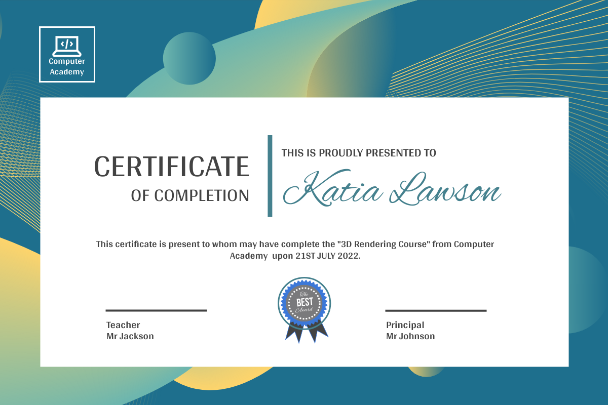 Certificate template: 3D Rendering Course Completion Certificate (Created by Visual Paradigm Online's Certificate maker)