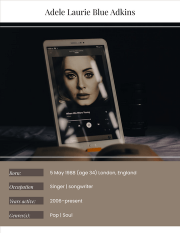 Biography 模板。 Adele Biography (由 Visual Paradigm Online 的Biography軟件製作)