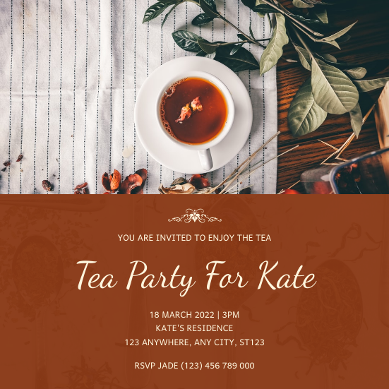 Invitation template: Brick Red Tea Photo Tea Party Invitation (Created by Visual Paradigm Online's Invitation maker)