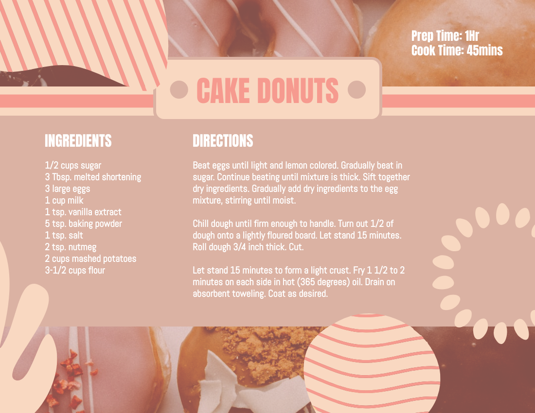 Recipe Card template: Cake Donuts Recipe Card (Created by Visual Paradigm Online's Recipe Card maker)