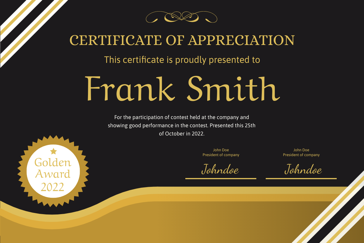 Certificate template: Golden With Black Certificate (Created by Visual Paradigm Online's Certificate maker)