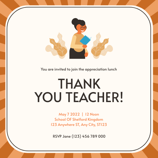 Invitation template: Orange Teacher Cartoon Teacher's Day Lunch Invitation (Created by Visual Paradigm Online's Invitation maker)