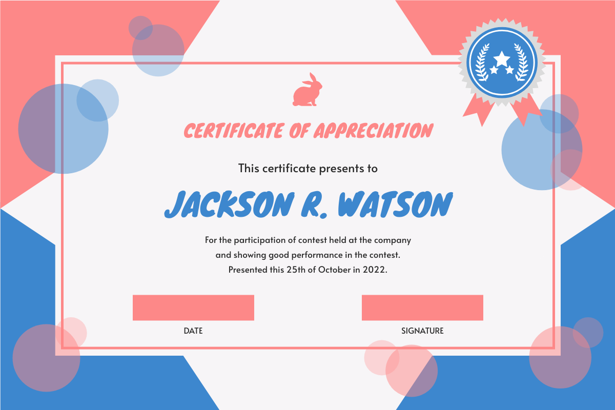 Certificate template: Pink And Blue Bubbles Shapes Certificate (Created by Visual Paradigm Online's Certificate maker)