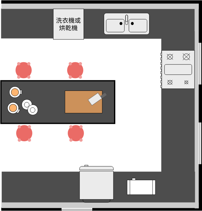 廚房平面圖 模板。 帶中心島的廚房 (由 Visual Paradigm Online 的廚房平面圖軟件製作)