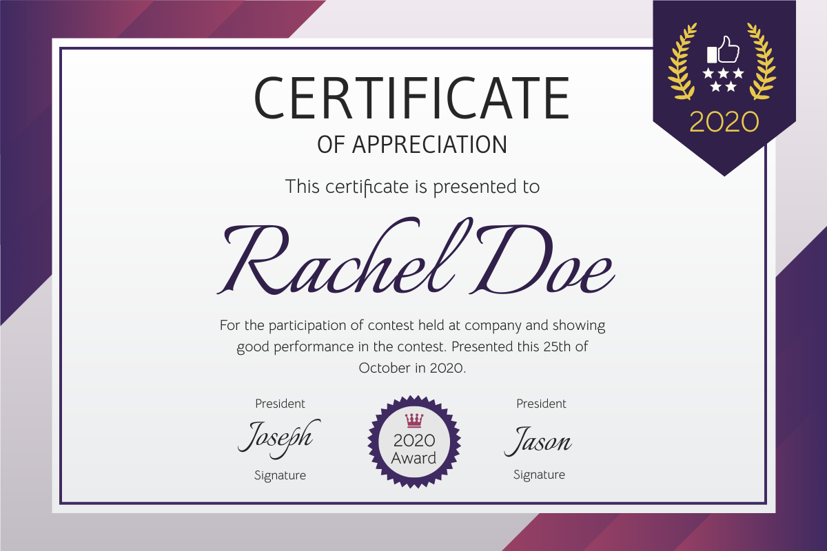Certificate template: Purple Gradient Certificate (Created by InfoART's Certificate maker)
