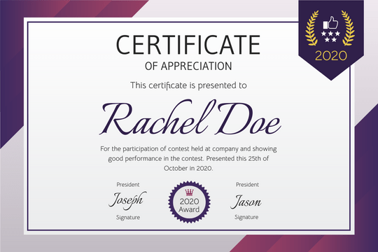 Certificate template: Purple Gradient Certificate (Created by Visual Paradigm Online's Certificate maker)