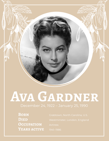 Biography 模板。 Ava Gardner Biography (由 Visual Paradigm Online 的Biography軟件製作)