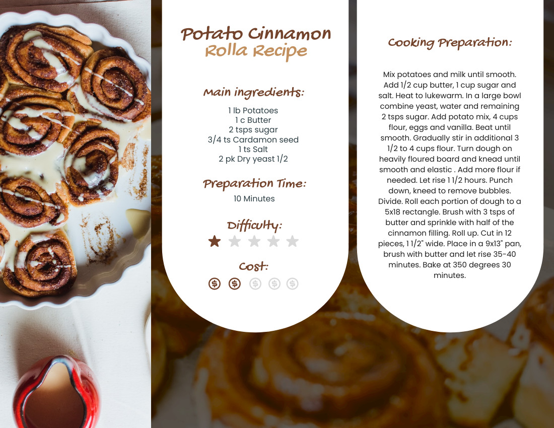 Recipe Card template: Potato Cinnamon Rolla Recipe Card (Created by Visual Paradigm Online's Recipe Card maker)