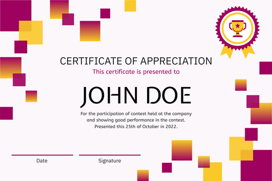 Certificate template: Pink Gradient Squares Certificate (Created by Visual Paradigm Online's Certificate maker)