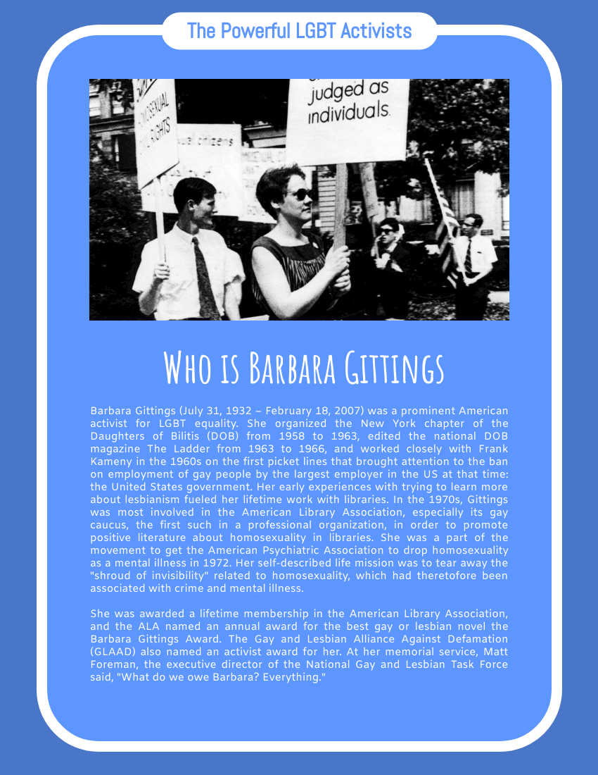 Biography template: Barbara Gittings Biography (Created by Visual Paradigm Online's Biography maker)