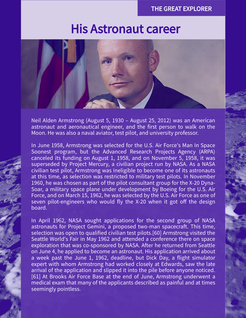 Biography template: Neil Armstrong Biography (Created by Visual Paradigm Online's Biography maker)