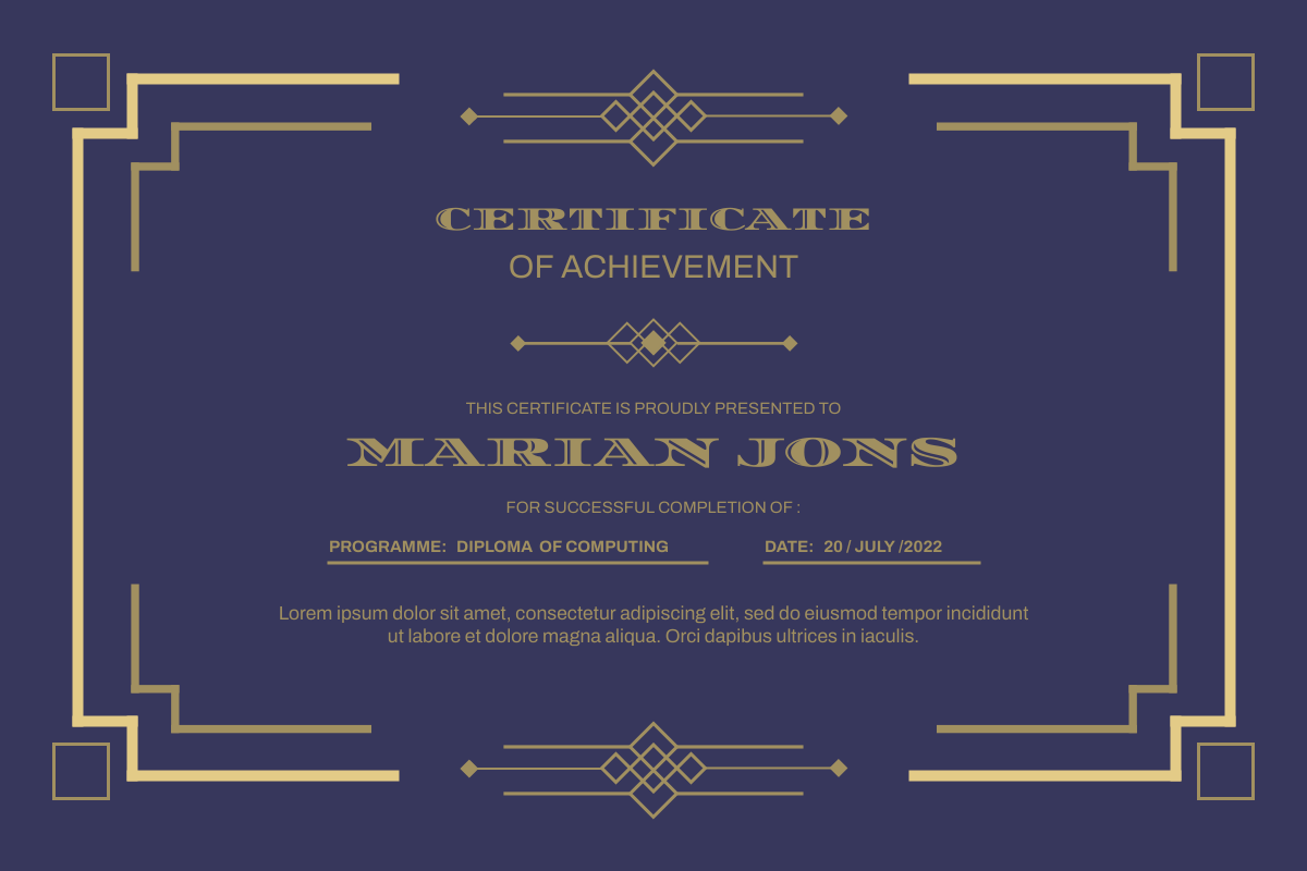 Certificate template: Indigo And Gold Certificate For Completion (Created by Visual Paradigm Online's Certificate maker)