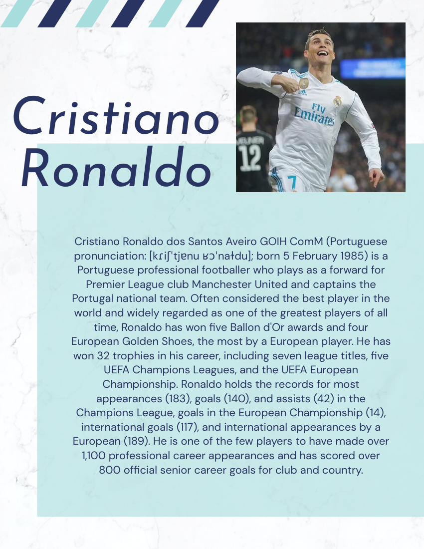 Biography template: Cristiano Ronaldo Biography (Created by Visual Paradigm Online's Biography maker)