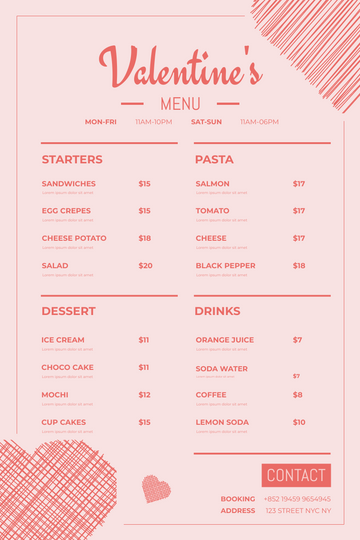 Menu template: Valentine's Pasta Menu (Created by Visual Paradigm Online's Menu maker)