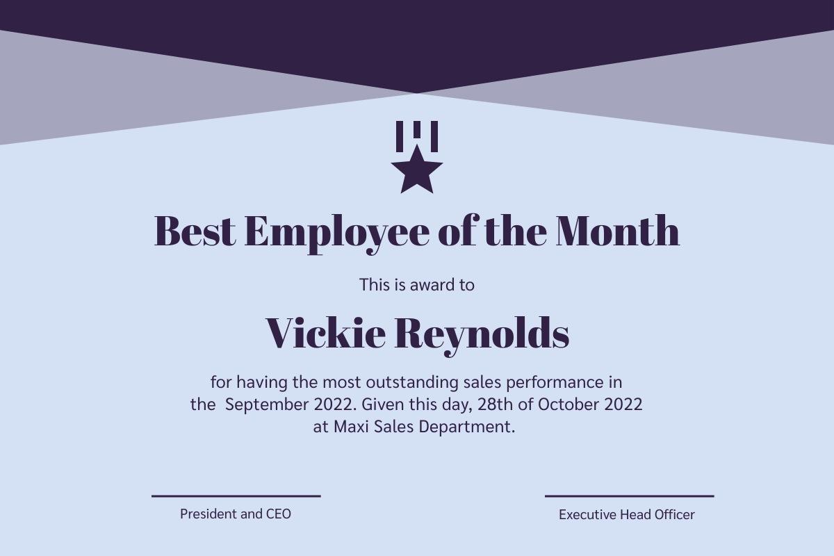 Certificate template: Best Employee Certificate 2 (Created by Visual Paradigm Online's Certificate maker)
