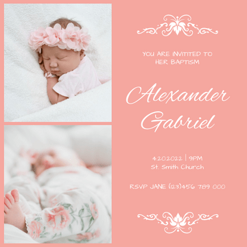 Editable invitations template:Pink Elegant Baby Christening Invitation