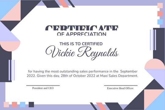 Certificate template: Muti-purpose Certificate Of Appreciation (Created by Visual Paradigm Online's Certificate maker)