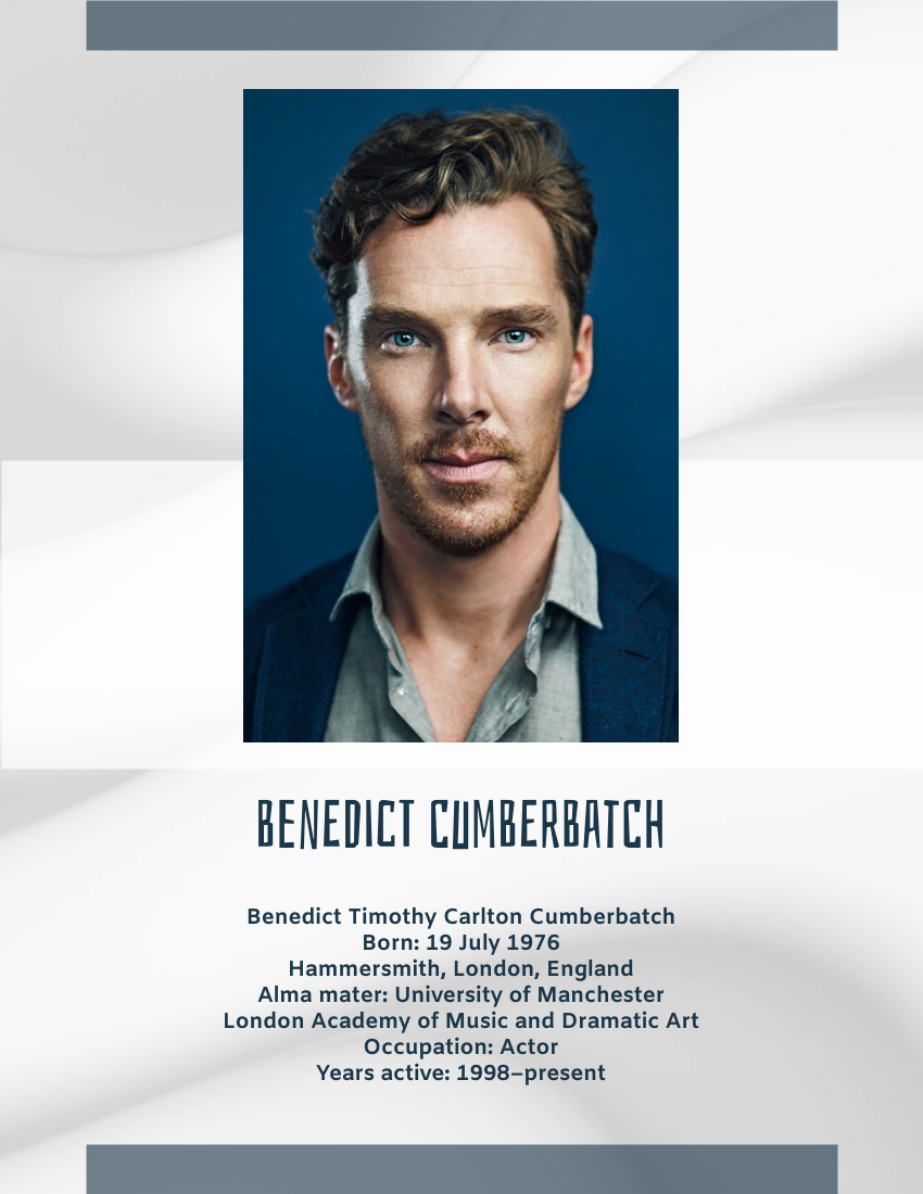 Biography template: Benedict Cumberbatch Biography (Created by Visual Paradigm Online's Biography maker)