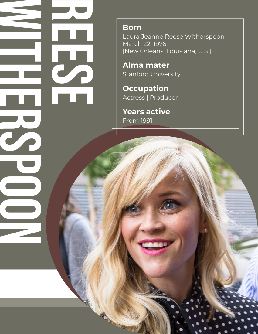 Biography template: Reese Witherspoon Biography (Created by Visual Paradigm Online's Biography maker)