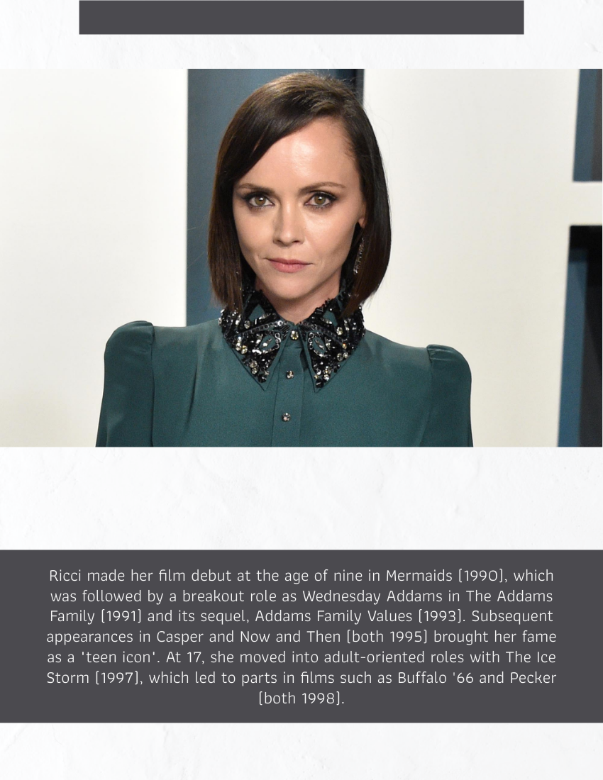 Biography template: Christina Ricci Biography (Created by Visual Paradigm Online's Biography maker)