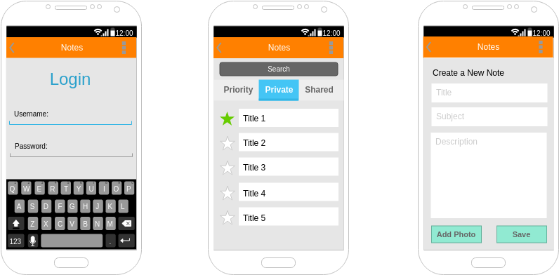 Android Wireframe template: Note Writer App (Created by Visual Paradigm Online's Android Wireframe maker)
