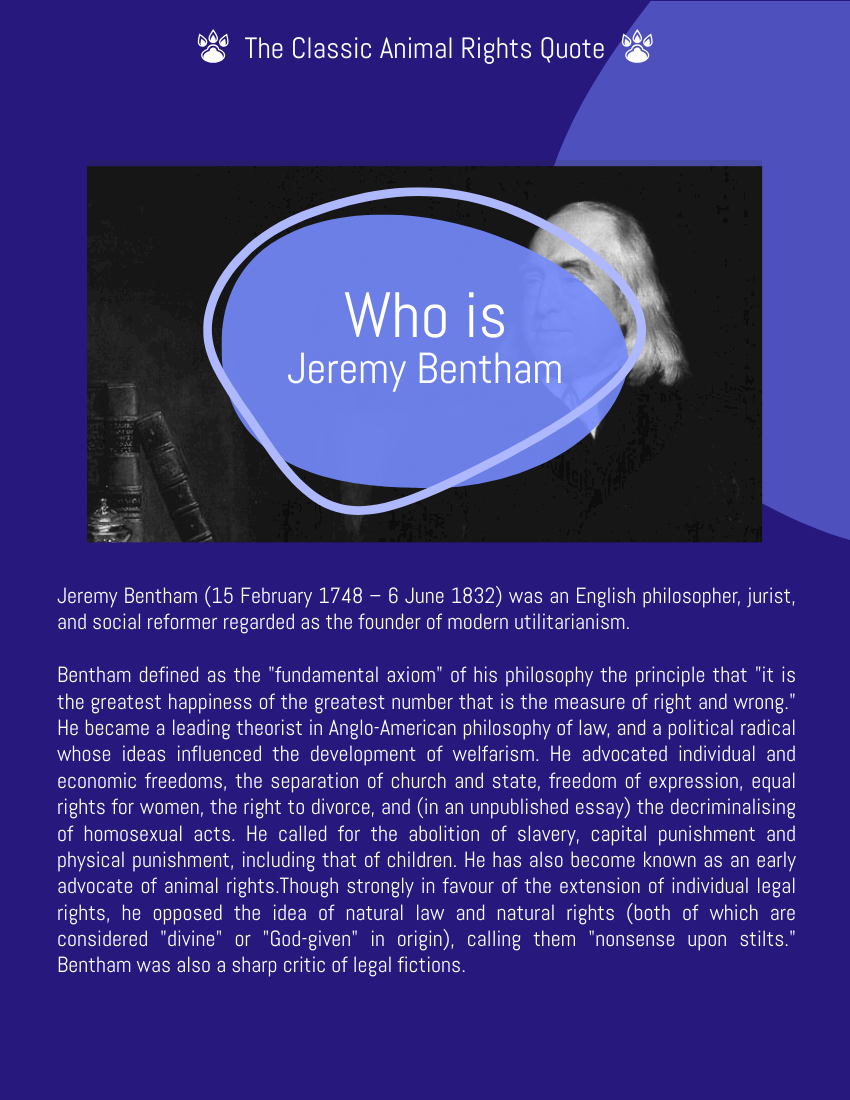 Quote template: The question is not, 'can they reason?' nor, 'can they talk?' but 'can they suffer? ― Jeremy Bentham. (Created by Visual Paradigm Online's Quote maker)