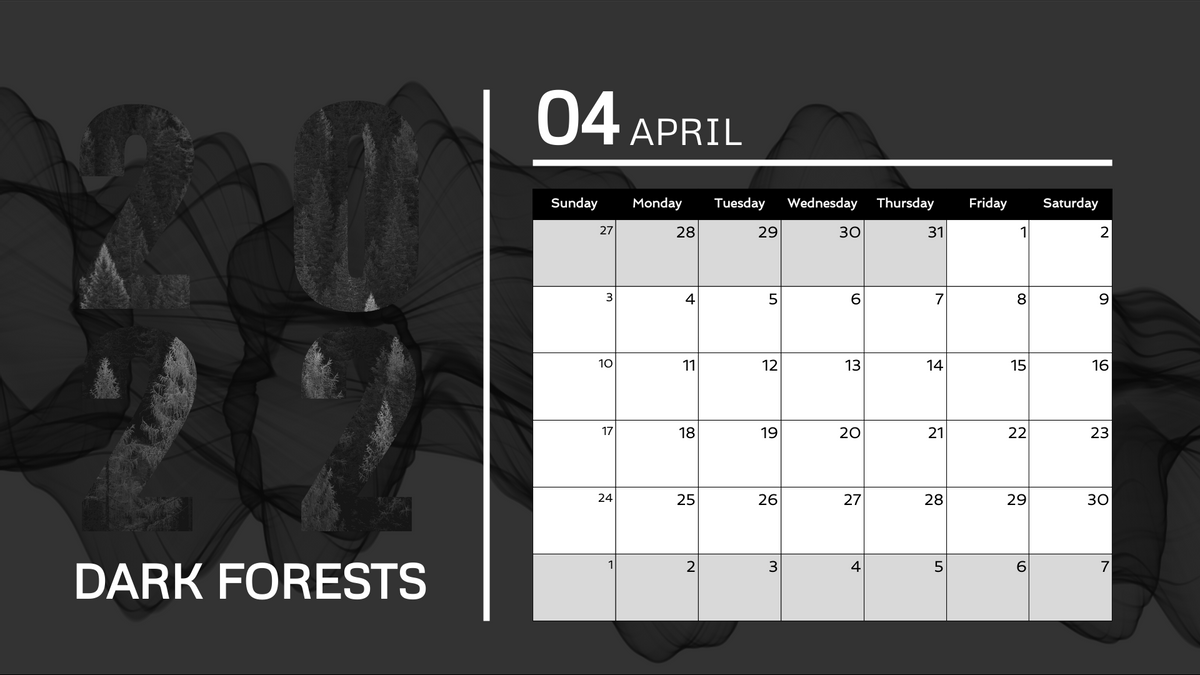 Calendar 模板。 Dark Forest Calendar (由 Visual Paradigm Online 的Calendar軟件製作)