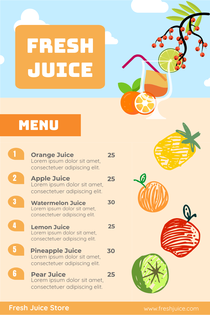 Menu template: Colourful Fresh Juice Graphic Menu (Created by Visual Paradigm Online's Menu maker)