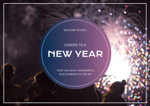 Editable postcards template:Purple Sky With Fireworks Background New Year Postcard